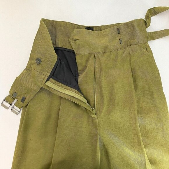 SANDRO OLIVE GREEN LINEN BLEND HIGH RISE STRAIGHT LEG PLEATED TROUSER - 0 - Picture 5 of 9